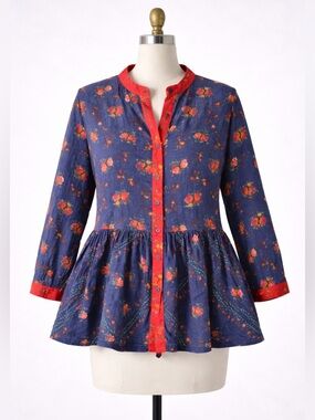 Ro’s Garden Cotton Floral Peplum Blouse Boho Cottagecore Size L